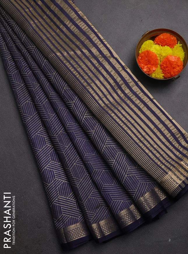 Semi raw silk saree navy blue with allover geometric prints and zari woven border