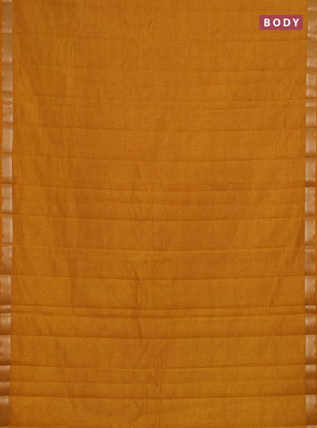 Semi raw silk saree dark mustard with allover geometric prints and zari woven border