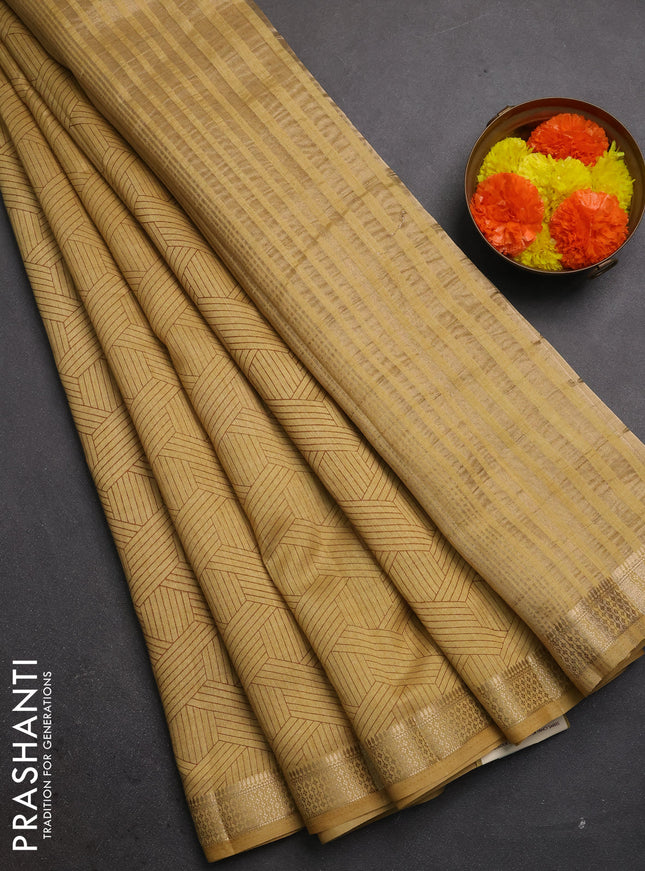 Semi raw silk saree beige with allover geometric prints and zari woven border
