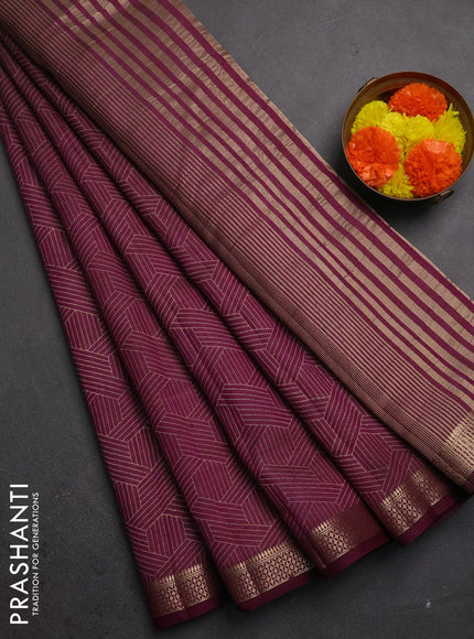 Semi raw silk saree wine shade with allover geometric prints and zari woven border