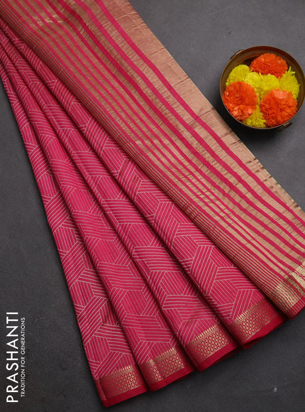 Semi raw silk saree pink with allover geometric prints and zari woven border