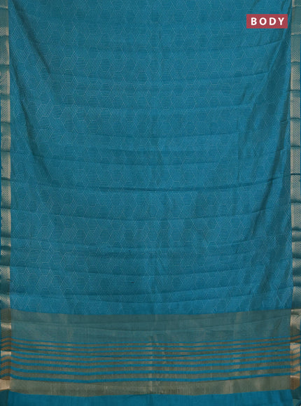 Semi raw silk saree teal green with allover geometric prints and zari woven border