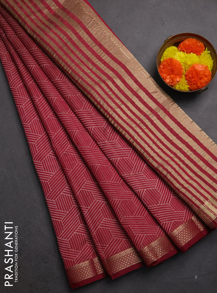 Semi raw silk saree maroon with allover geometric prints and zari woven border