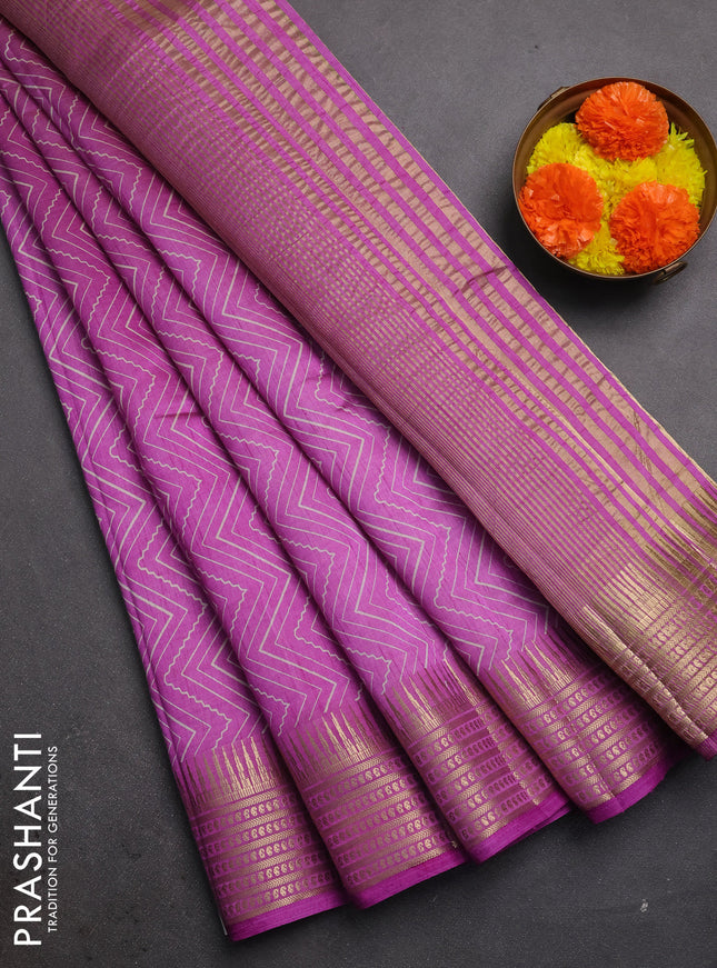 Semi raw silk saree lavender with allover zigzag prints and temple design zari woven border