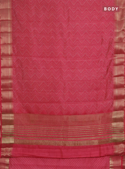 Semi raw silk saree pink shade with allover zigzag prints and temple design zari woven border