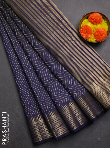 Semi raw silk saree navy blue with allover zigzag prints and temple design zari woven border