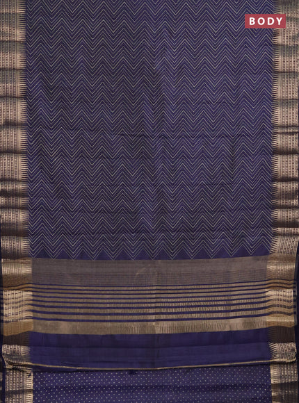 Semi raw silk saree navy blue with allover zigzag prints and temple design zari woven border