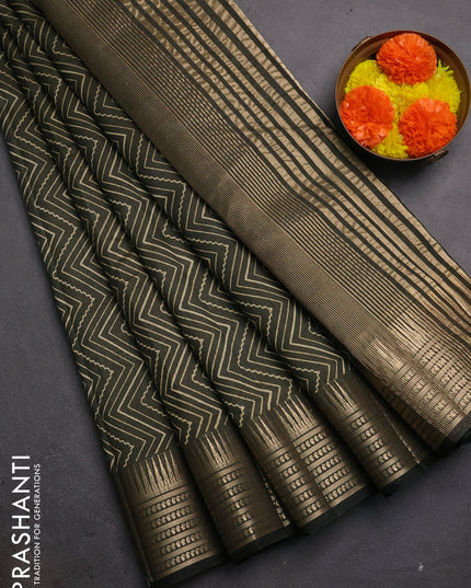 Semi raw silk saree olive green with allover zigzag prints and temple design zari woven border