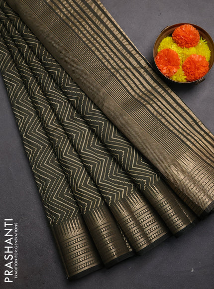 Semi raw silk saree olive green with allover zigzag prints and temple design zari woven border
