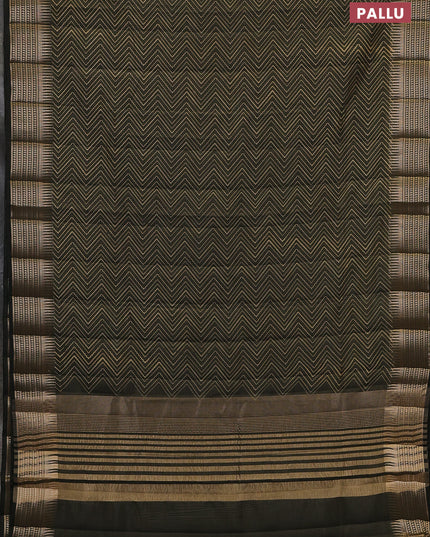 Semi raw silk saree olive green with allover zigzag prints and temple design zari woven border