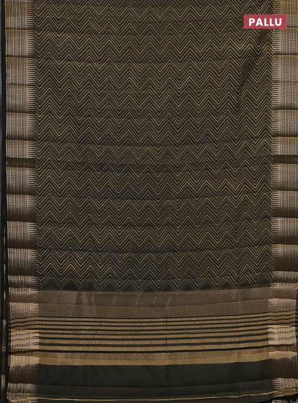 Semi raw silk saree olive green with allover zigzag prints and temple design zari woven border