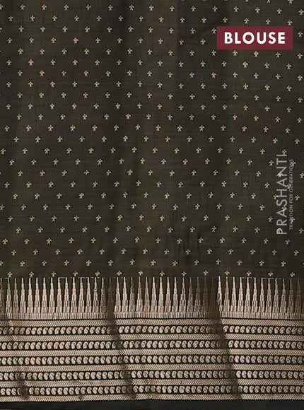 Semi raw silk saree olive green with allover zigzag prints and temple design zari woven border