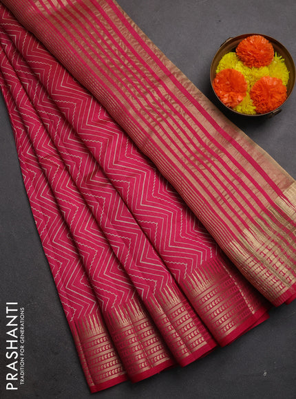 Semi raw silk saree pink with allover zigzag prints and temple design zari woven border