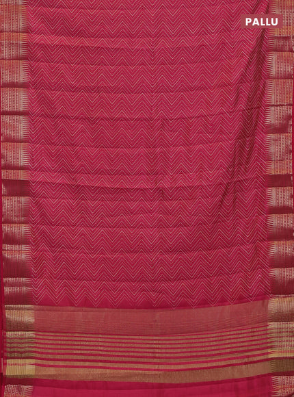 Semi raw silk saree pink with allover zigzag prints and temple design zari woven border