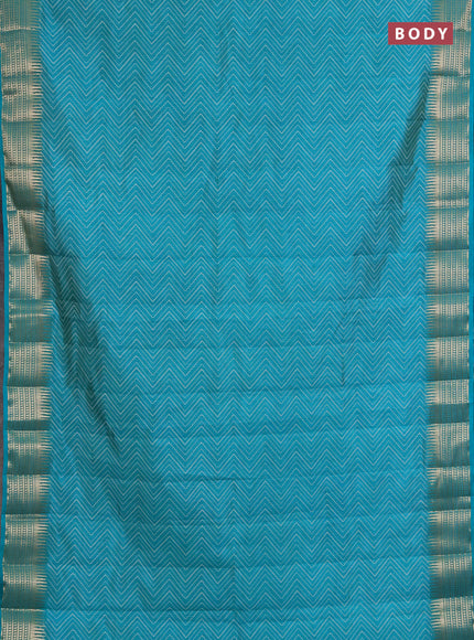 Semi raw silk saree teal green with allover zigzag prints and temple design zari woven border