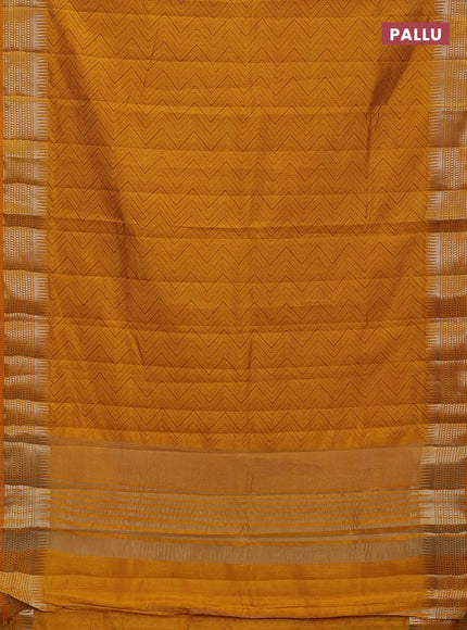 Semi raw silk saree dark mustard with allover zigzag prints and temple design zari woven border