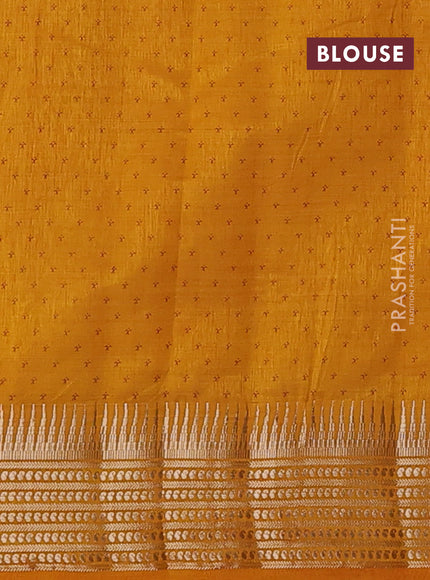 Semi raw silk saree dark mustard with allover zigzag prints and temple design zari woven border
