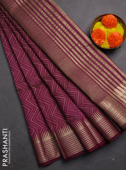 Semi raw silk saree wine shade with allover zigzag prints and temple design zari woven border