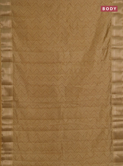 Semi raw silk saree sandal with allover zigzag prints and temple design zari woven border
