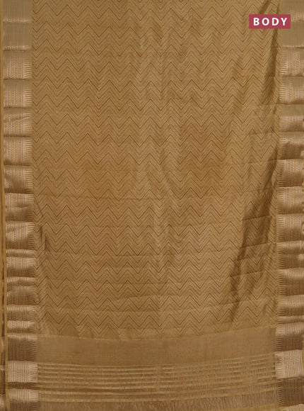 Semi raw silk saree sandal with allover zigzag prints and temple design zari woven border
