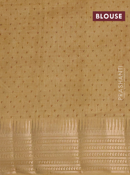 Semi raw silk saree sandal with allover zigzag prints and temple design zari woven border