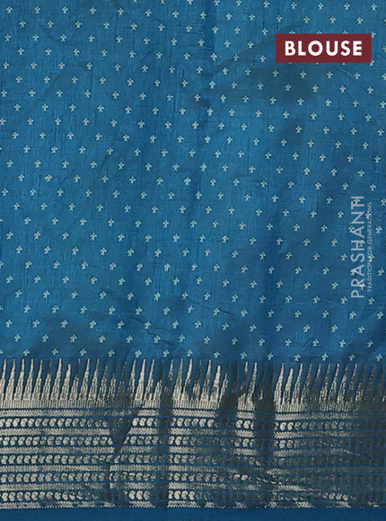 Semi raw silk saree teal blue with allover zigzag prints and temple design zari woven border