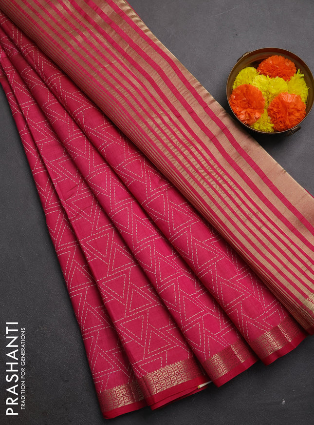 Semi raw silk saree pink with allover geometric prints and zari woven border