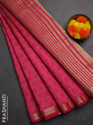 Semi raw silk saree pink with allover geometric prints and zari woven border