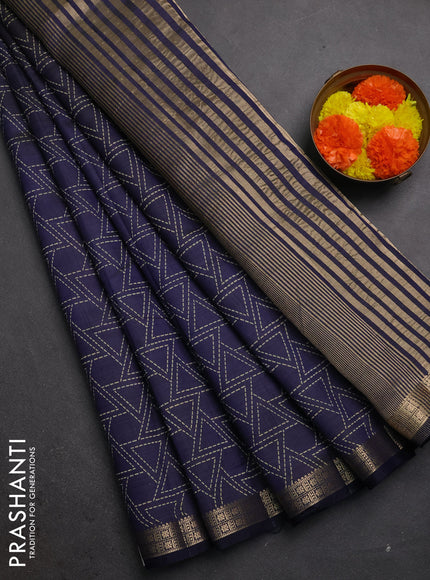 Semi raw silk saree navy blue with allover geometric prints and zari woven border