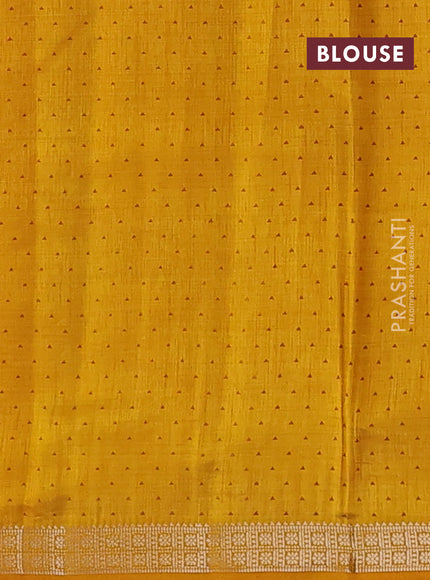 Semi raw silk saree dark mustard with allover geometric prints and zari woven border