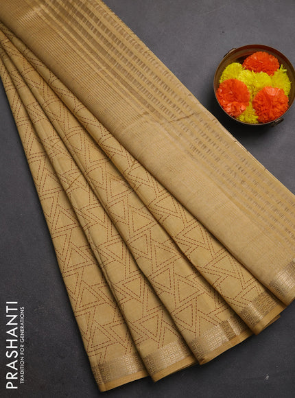 Semi raw silk saree sandal with allover geometric prints and zari woven border