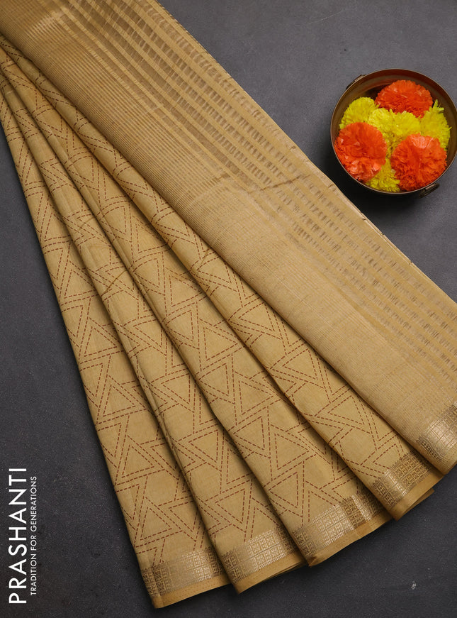 Semi raw silk saree sandal with allover geometric prints and zari woven border