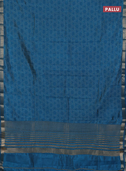 Semi raw silk saree teal blue with allover geometric prints and zari woven border