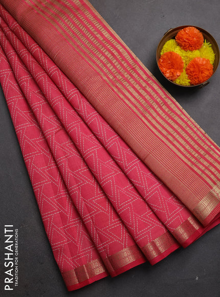 Semi raw silk saree pink shade with allover geometric prints and zari woven border