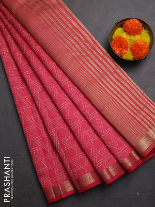 Semi raw silk saree pink shade with allover geometric prints and zari woven border