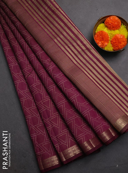 Semi raw silk saree wine shade with allover geometric prints and zari woven border
