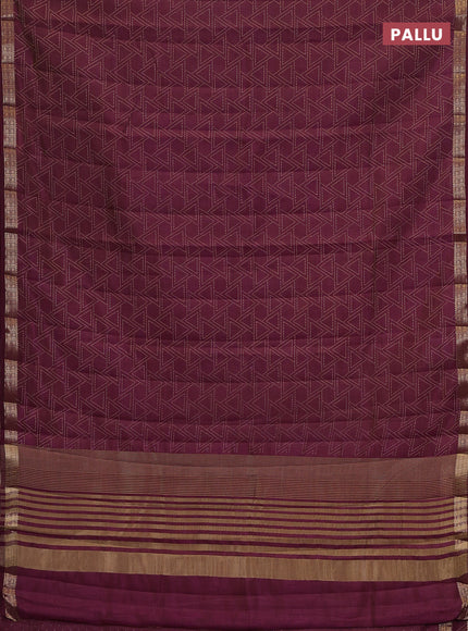 Semi raw silk saree wine shade with allover geometric prints and zari woven border