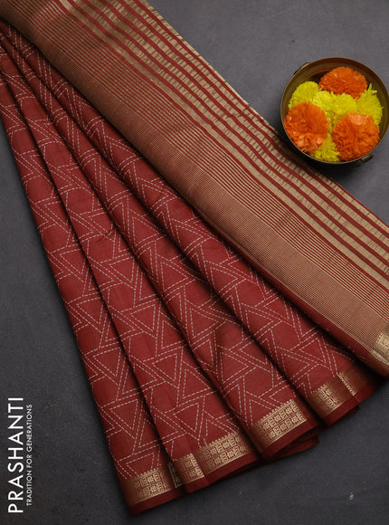 Semi raw silk saree maroon with allover geometric prints and zari woven border