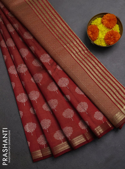 Semi raw silk saree maroon with allover butta prints and small zari woven border