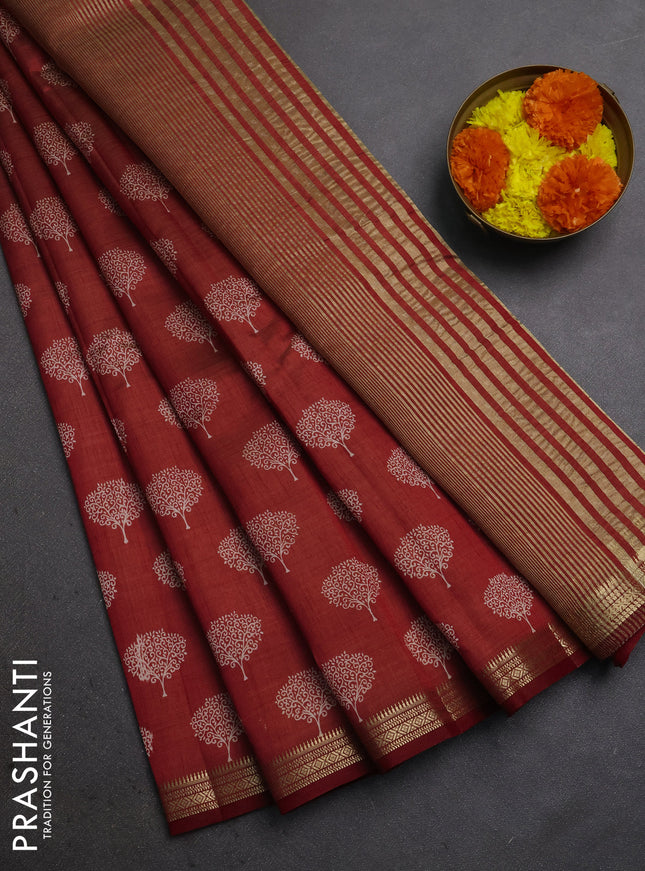 Semi raw silk saree maroon with allover butta prints and small zari woven border