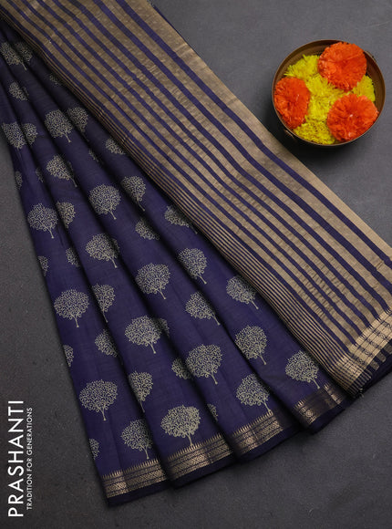 Semi raw silk saree navy blue with allover butta prints and small zari woven border