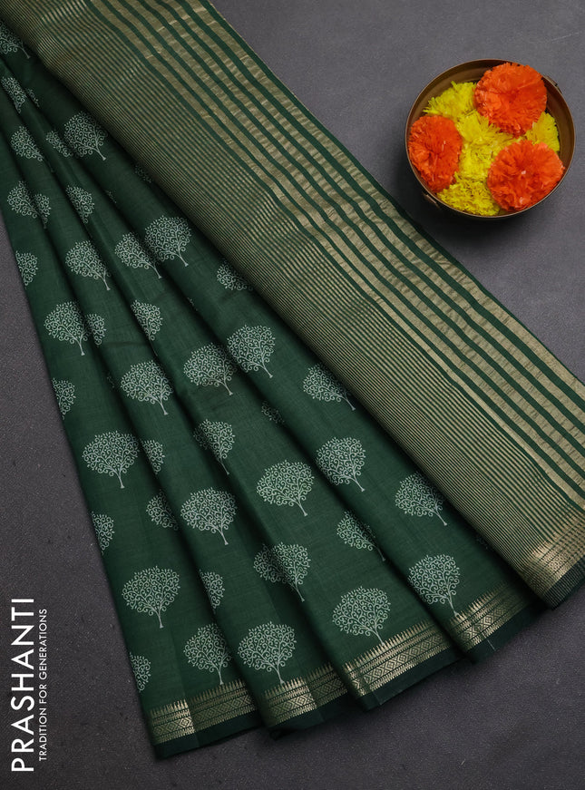 Semi raw silk saree bottle green with allover butta prints and small zari woven border