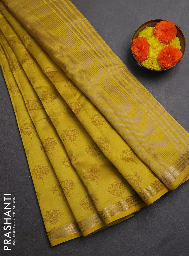 Semi raw silk saree mustard yellow with allover butta prints and small zari woven border