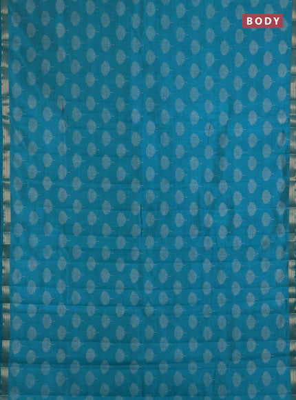 Semi raw silk saree teal blue with allover butta prints and small zari woven border