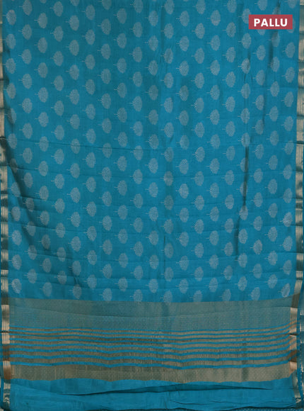 Semi raw silk saree teal blue with allover butta prints and small zari woven border