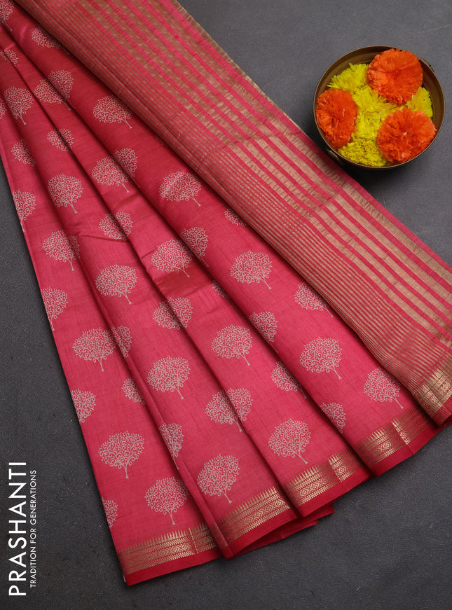 Semi raw silk saree pink shade with allover butta prints and small zari woven border