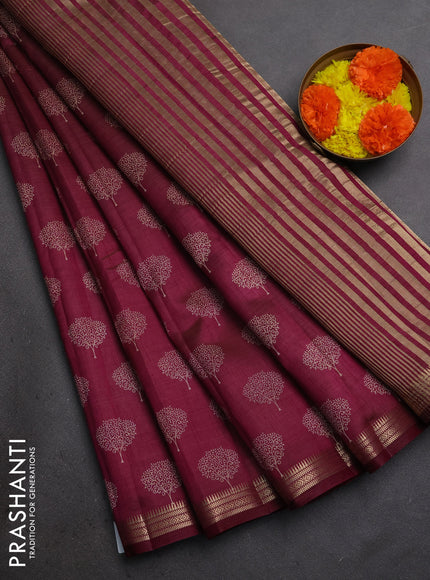 Semi raw silk saree wine shade with allover butta prints and small zari woven border