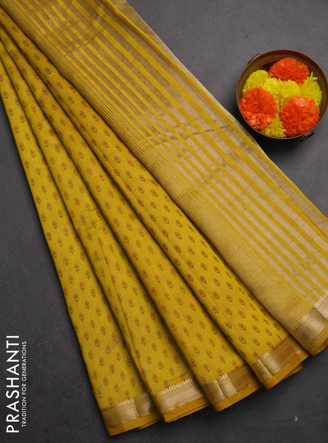 Semi raw silk saree mustard yellow with allover butta prints and zari woven border