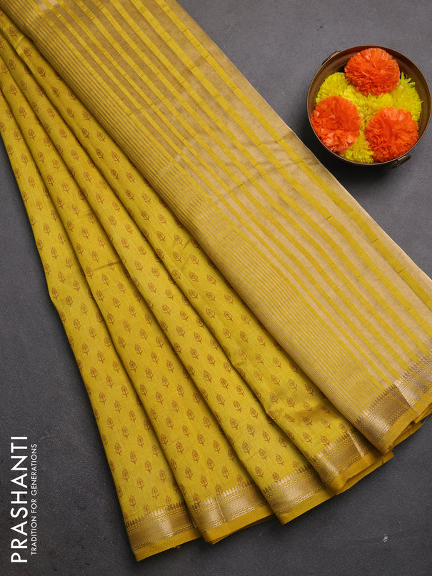 Semi raw silk saree mustard yellow shade with allover butta prints and zari woven border