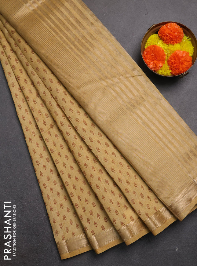 Semi raw silk saree dark sandal with allover butta prints and zari woven border